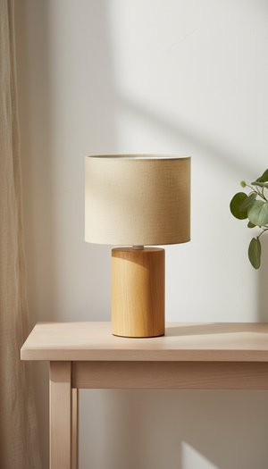 Honey linen shade bedside lamp casting a warm glow