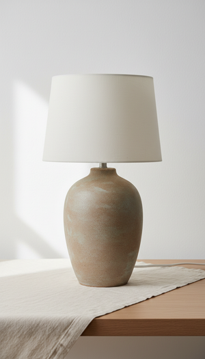 Stoneware table lamp with linen shade, showing natural materials