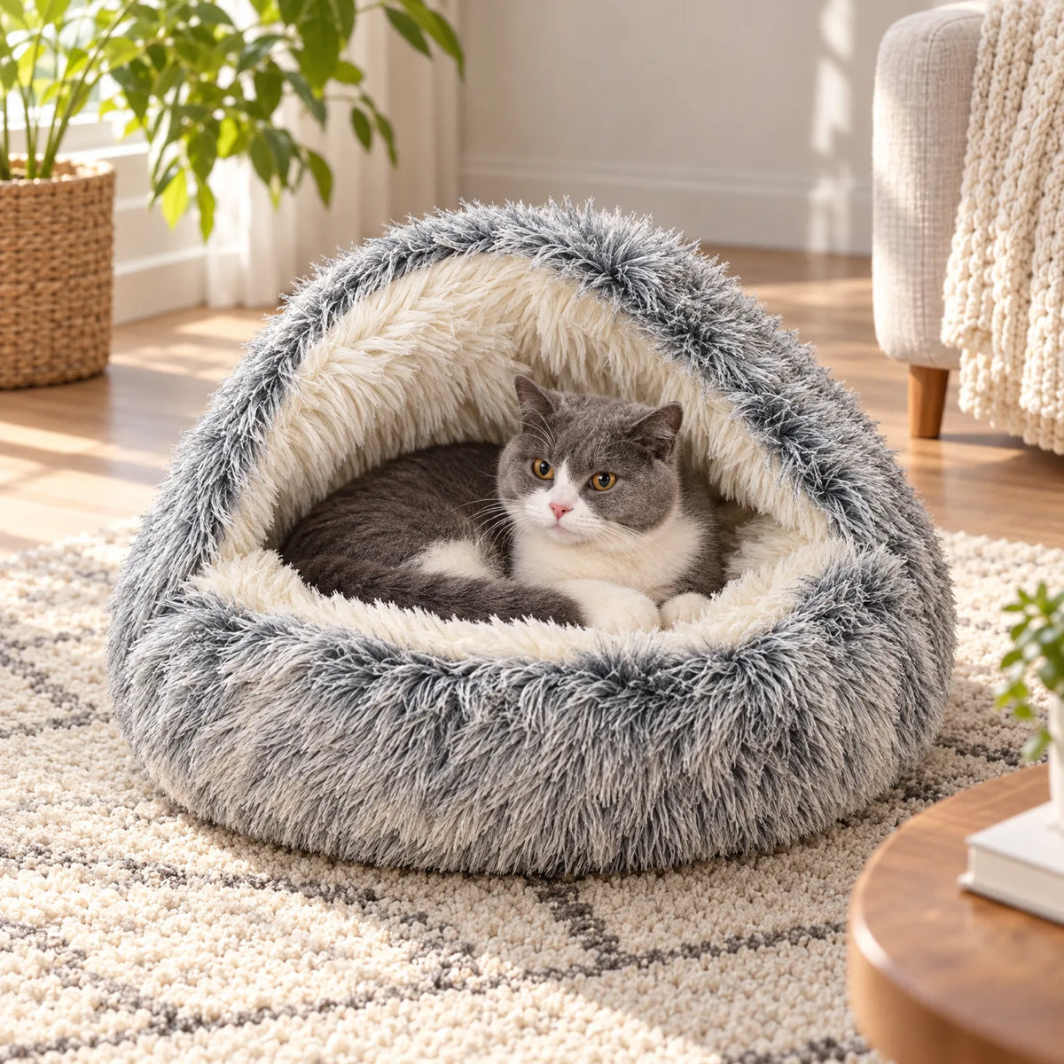 Cat Cave Bed – Soft Plush Pet Bed with Hood & Non-Slip Base 1