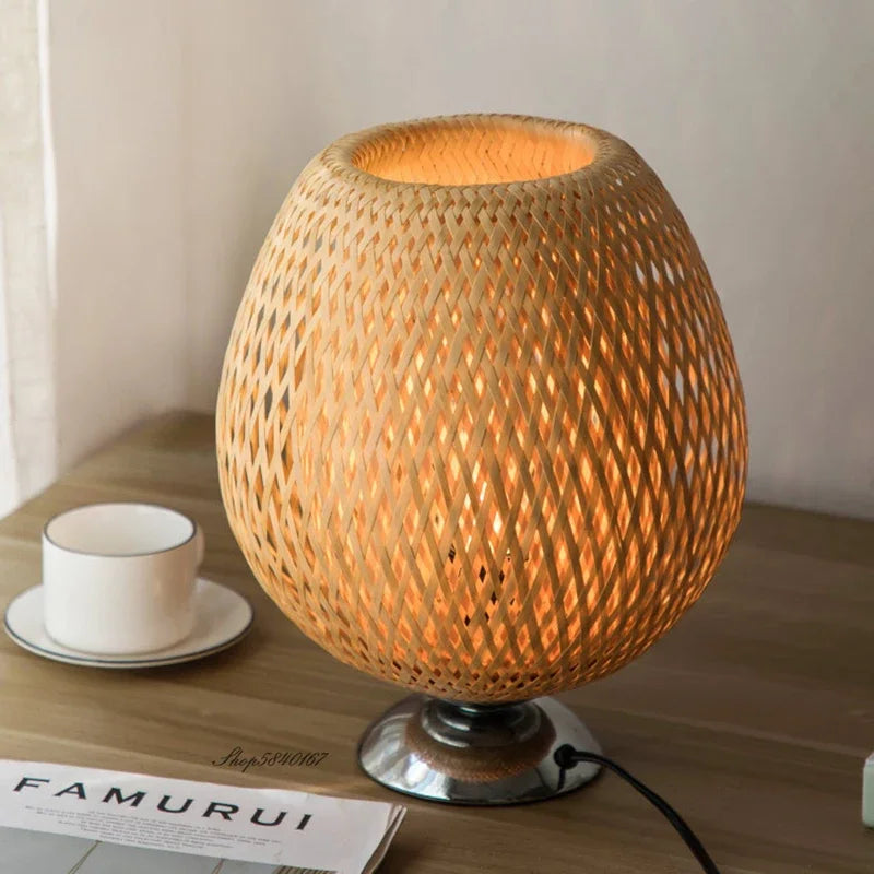 Rustic Bamboo Table Lamp – Handmade Vintage Wood Base 2