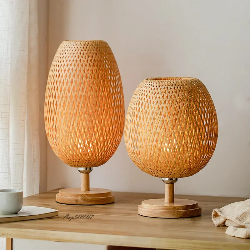 Rustic Bamboo Table Lamp – Handmade Vintage Wood Base 4