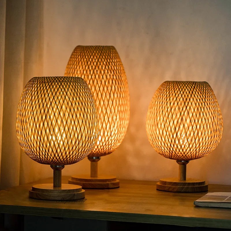 Rustic Bamboo Table Lamp – Handmade Vintage Wood Base 1