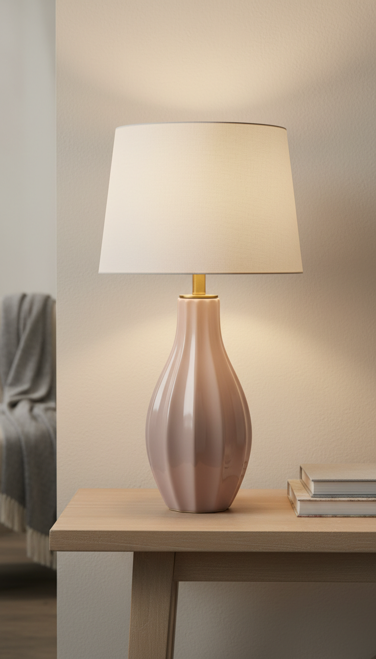 Ceramic table lamp with fabric shade in a neutral room